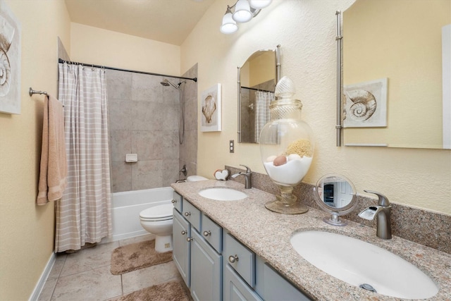 full bathroom featuring toilet, shower / tub combo, tile patterned flooring, and vanity