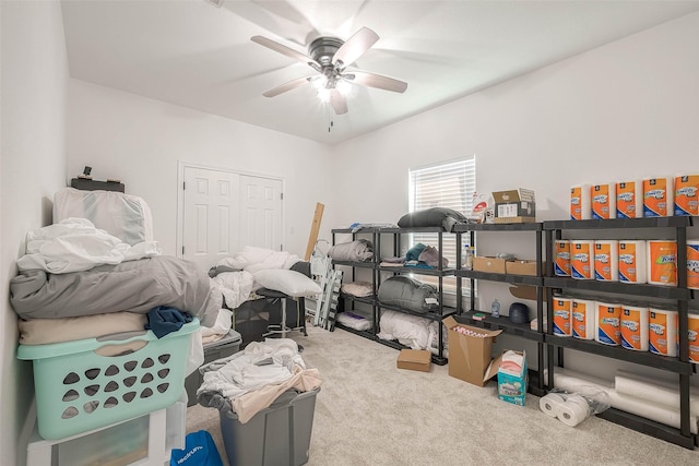 storage area featuring ceiling fan