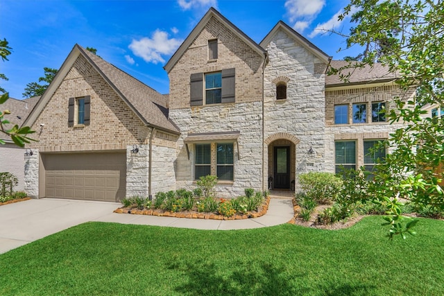 french country style house featuring brick siding, roof with shingles, concrete driveway, a front yard, and stone siding