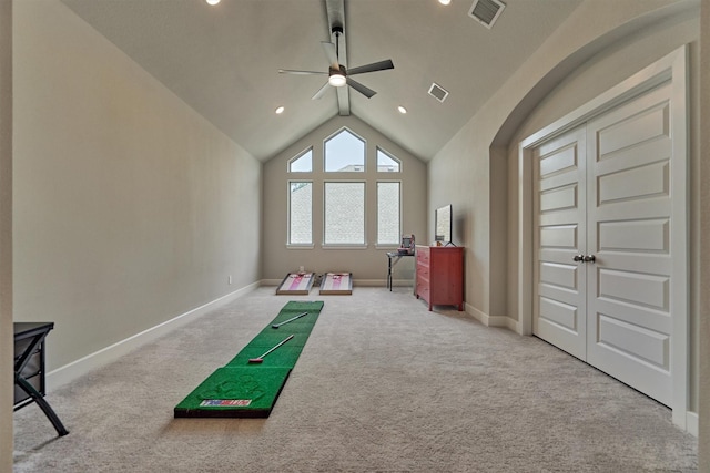 game room featuring ceiling fan, carpet flooring, and lofted ceiling