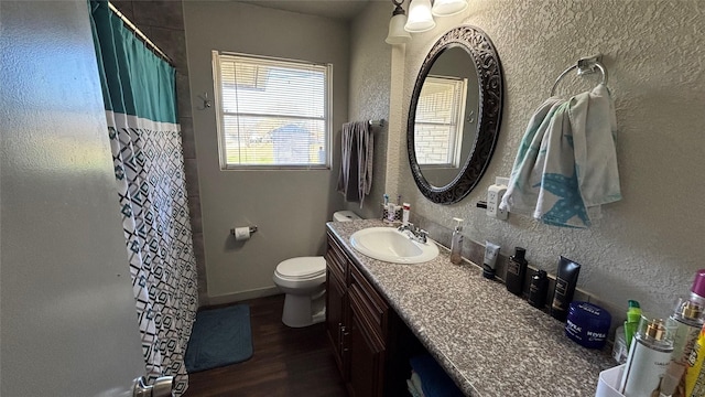 bathroom featuring toilet, a shower with shower curtain, wood-type flooring, and vanity