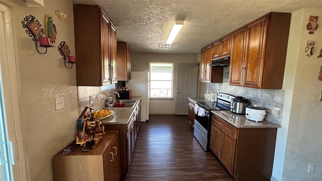 kitchen featuring tasteful backsplash, dark hardwood / wood-style floors, sink, stainless steel range with electric stovetop, and stone countertops