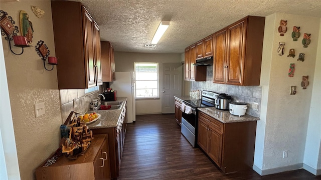 kitchen with decorative backsplash, light stone counters, sink, and stainless steel electric stove