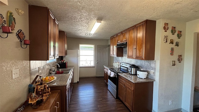 kitchen featuring decorative backsplash, light stone counters, electric range, and sink