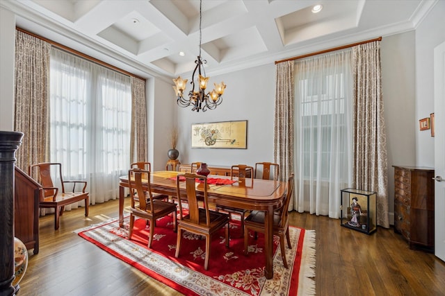 dining area with coffered ceiling, dark hardwood / wood-style flooring, ornamental molding, a chandelier, and beamed ceiling