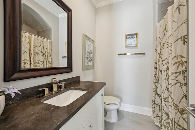 bathroom with toilet, ornamental molding, tile patterned floors, and vanity