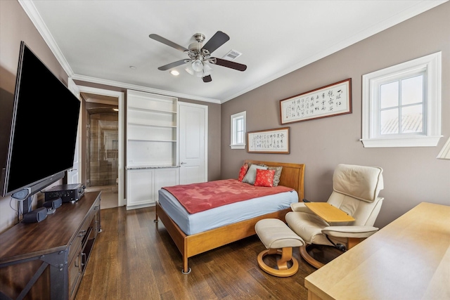 bedroom with ceiling fan, dark hardwood / wood-style flooring, and crown molding