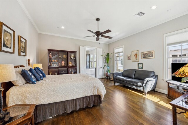 bedroom featuring ceiling fan, dark wood-type flooring, and ornamental molding