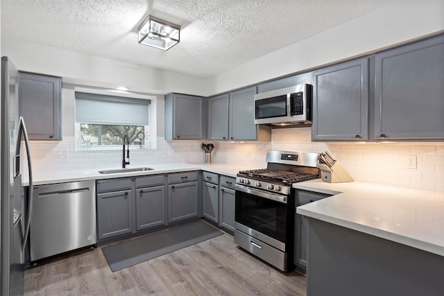 kitchen with gray cabinetry, a sink, appliances with stainless steel finishes, light wood-type flooring, and backsplash