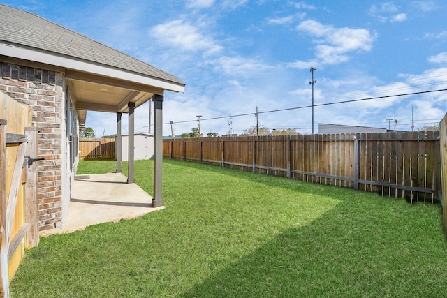 view of yard featuring a patio area and a storage shed