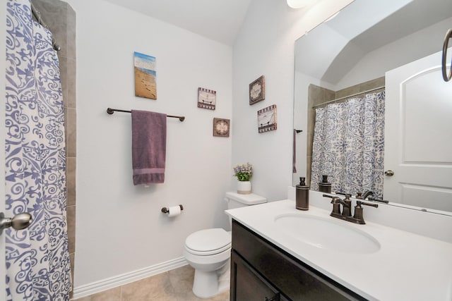 full bathroom featuring a shower with shower curtain, baseboards, toilet, tile patterned floors, and vanity