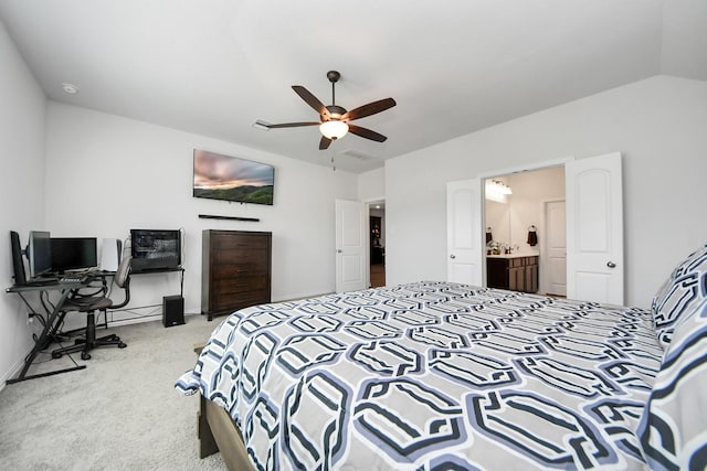 bedroom featuring light carpet, vaulted ceiling, and ceiling fan