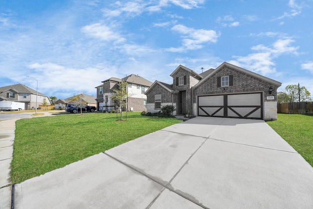 view of front of home featuring a front yard, a residential view, and brick siding