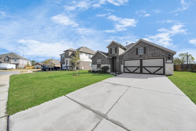 view of front of house with a residential view, a front lawn, concrete driveway, and brick siding