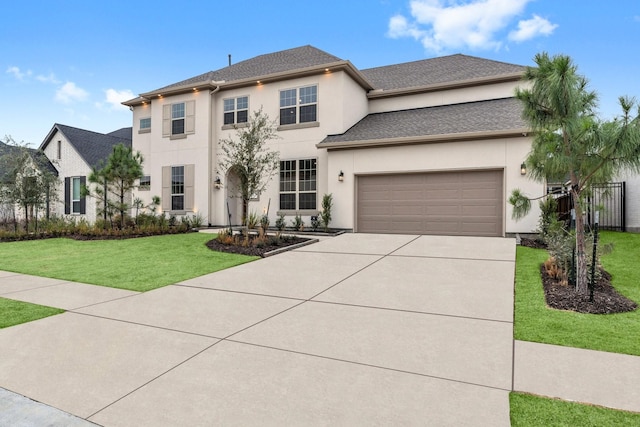 view of front of home with a garage, fence, concrete driveway, stucco siding, and a front yard