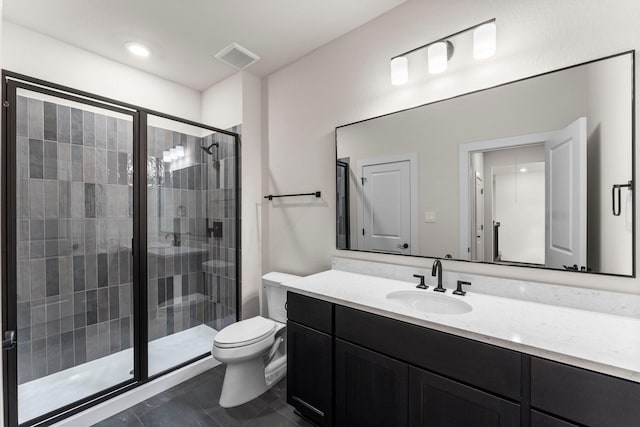 bathroom with visible vents, toilet, a stall shower, vanity, and tile patterned floors