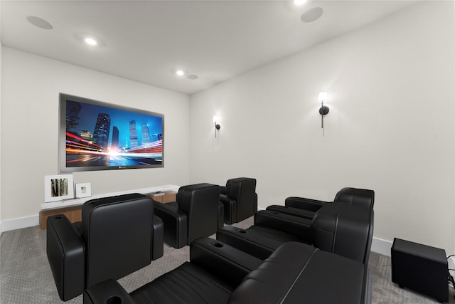 carpeted cinema room with baseboards and recessed lighting