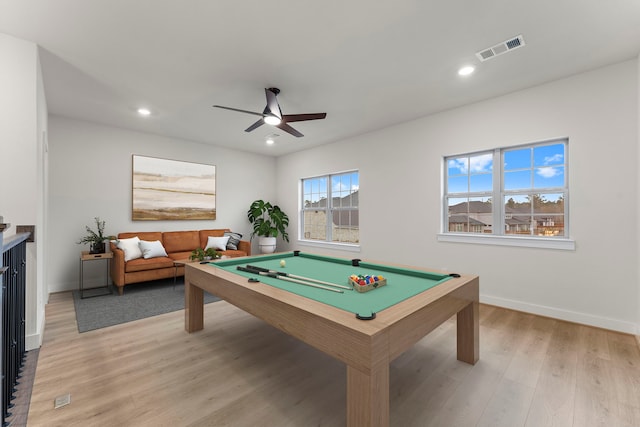 recreation room featuring ceiling fan, billiards, and light hardwood / wood-style flooring