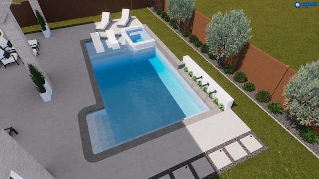 pool with a patio area, a fenced backyard, and a yard