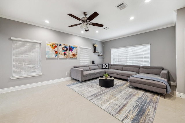 tiled living room with ceiling fan and ornamental molding