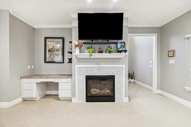 unfurnished living room with light tile patterned flooring, crown molding, and a fireplace