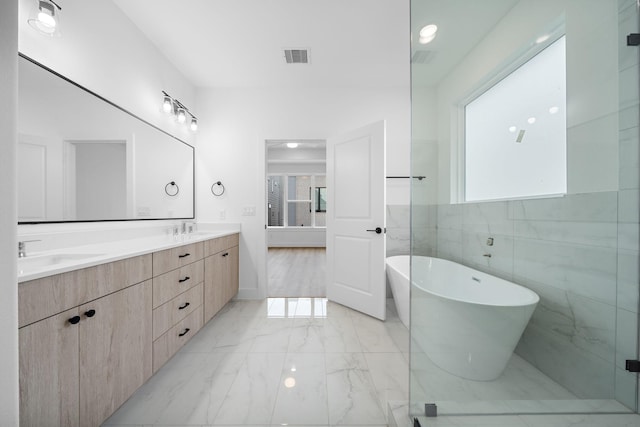 bathroom featuring tile walls, a bathtub, vanity, and a healthy amount of sunlight