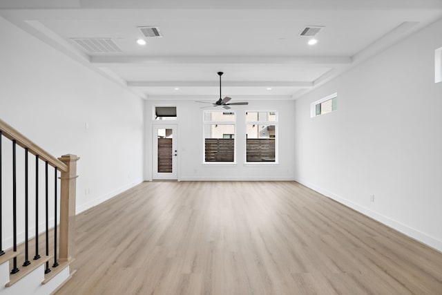 unfurnished living room with ceiling fan, light hardwood / wood-style flooring, and beam ceiling