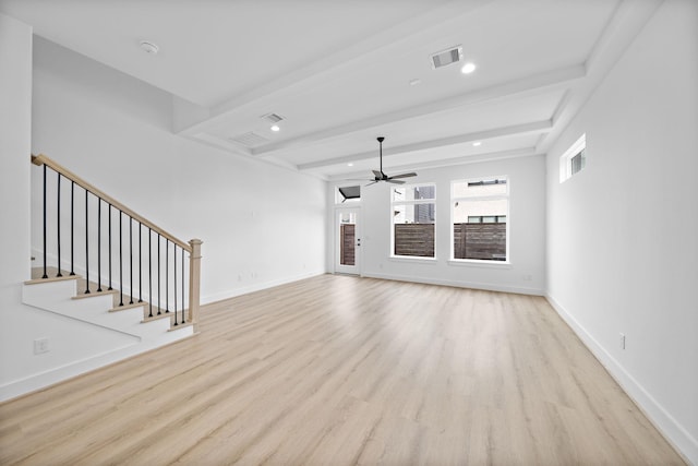 unfurnished living room with ceiling fan, light hardwood / wood-style flooring, and beamed ceiling