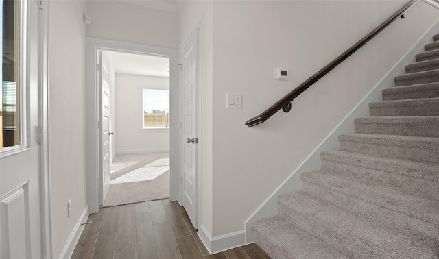 stairway with baseboards and wood finished floors