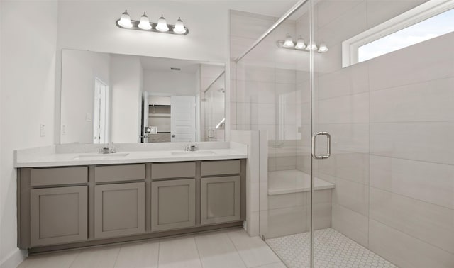 bathroom with a stall shower, visible vents, a sink, and double vanity