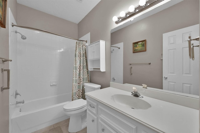 full bathroom with toilet, tile patterned floors, vanity, and shower / bath combo