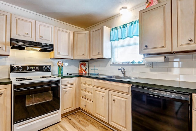 kitchen with dishwasher, light hardwood / wood-style floors, decorative backsplash, sink, and range with electric cooktop