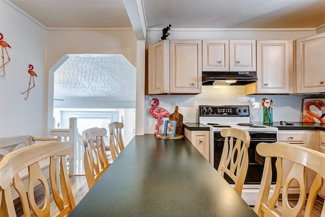 kitchen with exhaust hood, backsplash, light brown cabinetry, and electric range oven