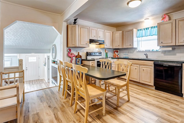 kitchen with light brown cabinetry, black dishwasher, light hardwood / wood-style flooring, and ornamental molding