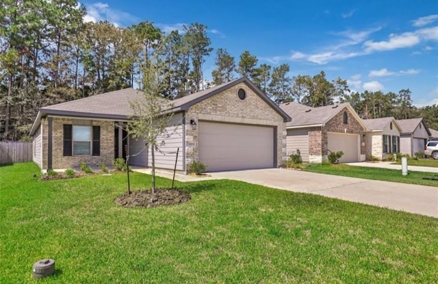 ranch-style home with a front lawn and a garage