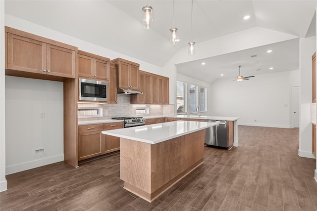 kitchen with ceiling fan, pendant lighting, stainless steel appliances, and a kitchen island