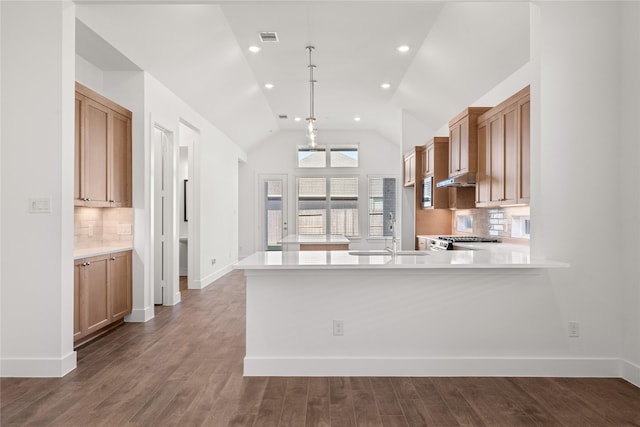 kitchen with backsplash, decorative light fixtures, stove, lofted ceiling, and sink