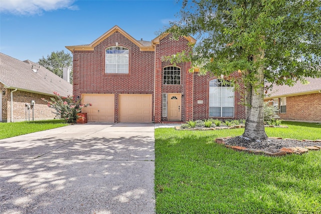 front of property with a front lawn and a garage