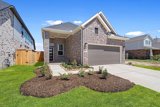 21514 Witham Promenade Ln, Magnolia, TX 77355 - view of front of property with brick siding, fence, a garage, a front lawn, and concrete driveway