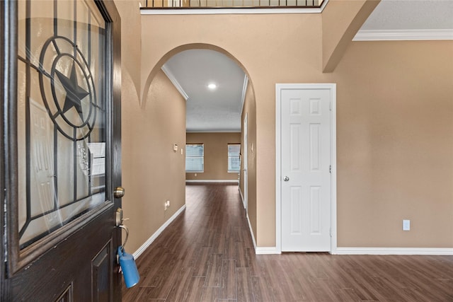 foyer entrance featuring ornamental molding and dark hardwood / wood-style flooring