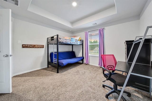 carpeted bedroom with a raised ceiling