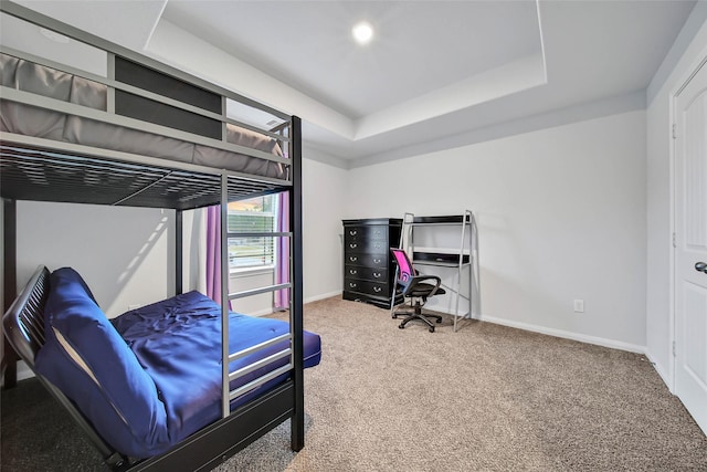 carpeted bedroom featuring a tray ceiling