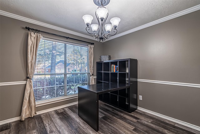 office area with a notable chandelier, a healthy amount of sunlight, ornamental molding, and dark hardwood / wood-style floors