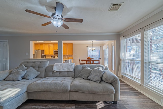 living room with crown molding, a textured ceiling, ceiling fan with notable chandelier, and dark hardwood / wood-style floors