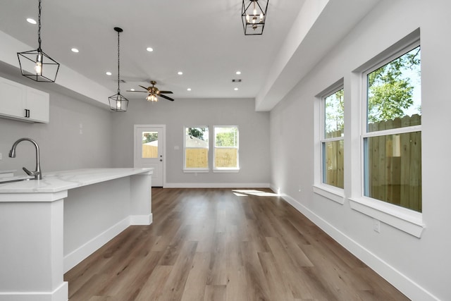 interior space featuring ceiling fan, sink, hardwood / wood-style flooring, and a healthy amount of sunlight