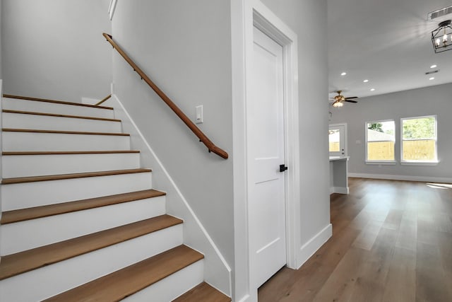 staircase featuring ceiling fan and wood-type flooring