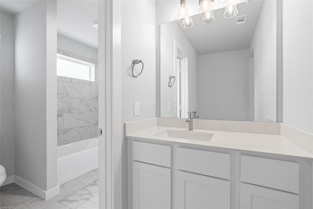 full bathroom with toilet, marble finish floor, vanity, visible vents, and baseboards