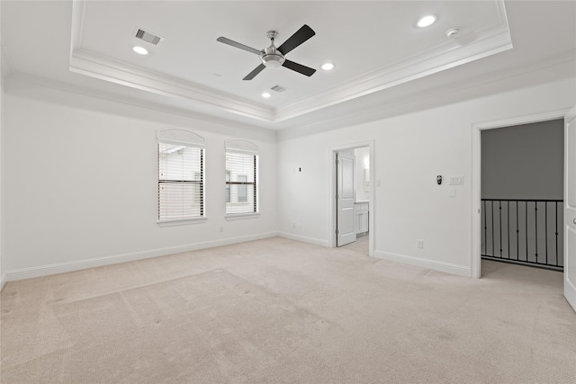 spare room with ornamental molding, light colored carpet, and a raised ceiling