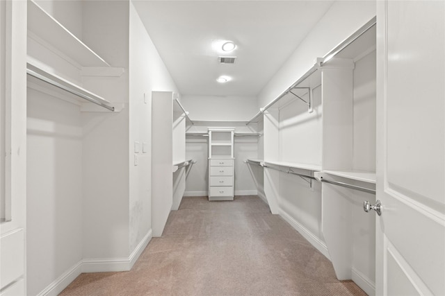 walk in closet with light carpet