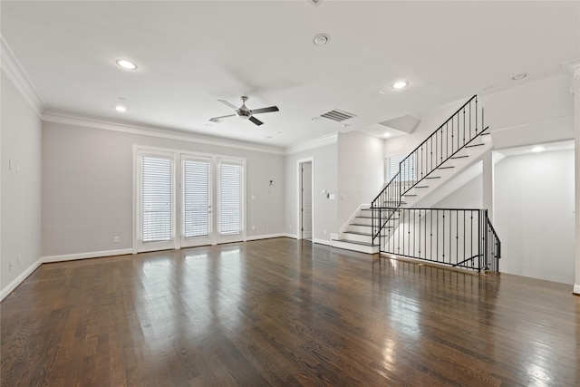 unfurnished living room featuring crown molding, dark wood-type flooring, and ceiling fan